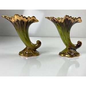 Vintage MCM Ceramic Art Cornucopia Pair of Vases Green Brown 7.5in W x 7in H BZ0